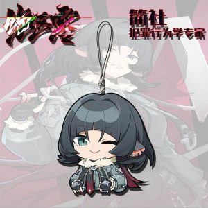 Four separate clear Zenless Zone Zero acrylic chibi phone charms on black strap loops showing character Jane Doe pulling cute emoji expressions like winking, pouting, and smiling with green eyes.