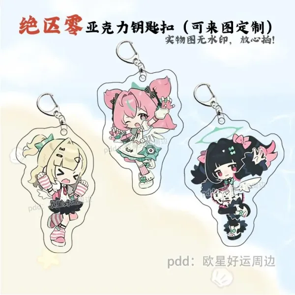 Three separate clear Zenless Zone Zero acrylic chibi keychains showing characters Cephora, Nanomiya Yu, and Irene as virtual angels with colorful wings and happy expressions.