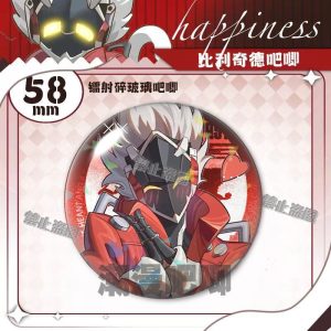 Round 58mm Zenless Zone Zero tinplate fan badge showing character Billy Kid with a mechanical mask and white hair covered in a shimmering laser shattered-glass holographic film.