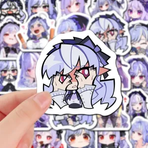 A collection of high-definition die-cut Zenless Zone Zero vinyl chibi stickers showing various cute, expressive poses of Section 6 character Tsukishiro Yanagi with light purple hair and ruby eyes.