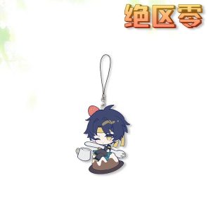 Three separate clear Zenless Zone Zero acrylic chibi phone charms on black strap loops showing character Wise inside a croissant, Harumasa on a pudding cake, and Belle inside a bear burger.