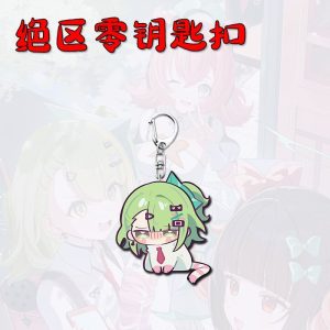 Two separate Zenless Zone Zero acrylic chibi keychains showing character Nanomiya Yu as a blushing green cat and character Irene as a pouting pink cat with twintail ears.