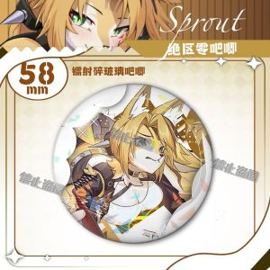 Round 58mm Zenless Zone Zero tinplate fan badge showing character Pokona with feline ears, blonde hair, and green eyes covered in a shimmering laser shattered-glass holographic film.