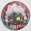 Two clear acrylic chibi keychains of Zenless Zone Zero character Billy Kid—one shooting a finger gun and one in a worried pose—alongside two round red holographic tinplate badges reflecting prism and star rainbow light patterns.