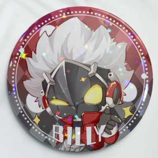 Two clear acrylic chibi keychains of Zenless Zone Zero character Billy Kid—one shooting a finger gun and one in a worried pose—alongside two round red holographic tinplate badges reflecting prism and star rainbow light patterns.
