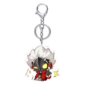 Two clear acrylic chibi keychains of Zenless Zone Zero character Billy Kid—one shooting a finger gun and one in a worried pose—alongside two round red holographic tinplate badges reflecting prism and star rainbow light patterns.