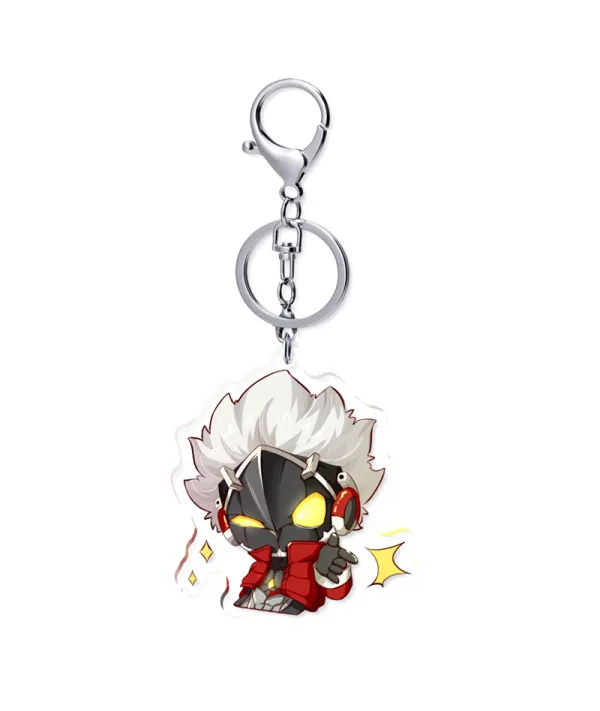 Two clear acrylic chibi keychains of Zenless Zone Zero character Billy Kid—one shooting a finger gun and one in a worried pose—alongside two round red holographic tinplate badges reflecting prism and star rainbow light patterns.