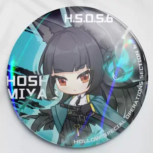 An acrylic chibi standee of Zenless Zone Zero character Hoshimi Miyabi with a sword alongside a portrait key chain charm and a round teal holographic badge with broad rainbow reflections.