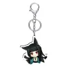 An acrylic chibi standee of Zenless Zone Zero character Hoshimi Miyabi with a sword alongside a portrait key chain charm and a round teal holographic badge with broad rainbow reflections.