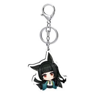 An acrylic chibi standee of Zenless Zone Zero character Hoshimi Miyabi with a sword alongside a portrait key chain charm and a round teal holographic badge with broad rainbow reflections.