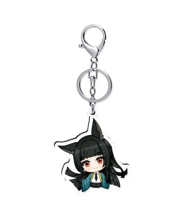 An acrylic chibi standee of Zenless Zone Zero character Hoshimi Miyabi with a sword alongside a portrait key chain charm and a round teal holographic badge with broad rainbow reflections.