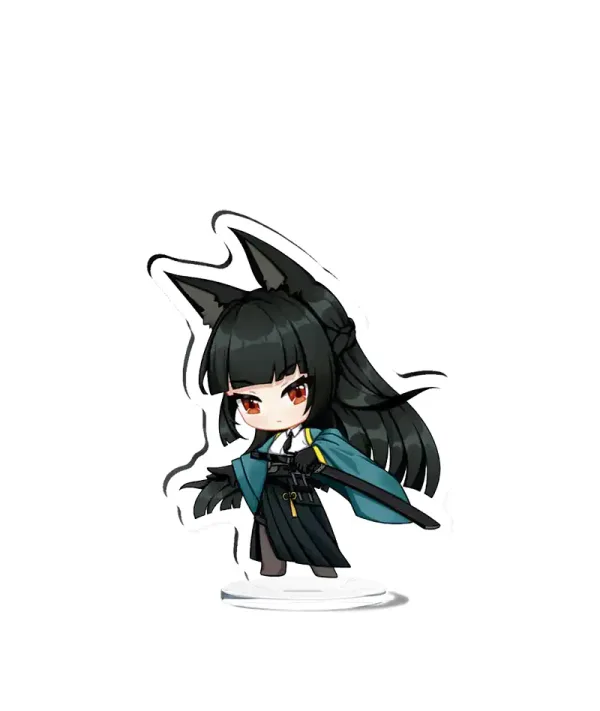 An acrylic chibi standee of Zenless Zone Zero character Hoshimi Miyabi with a sword alongside a portrait key chain charm and a round teal holographic badge with broad rainbow reflections.