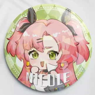 Two clear acrylic chibi keychains of Zenless Zone Zero character Nicole Demara—one solo and one hugging a green Amillion Bangboo—alongside two round green holographic tinplate badges reflecting star and prism rainbow light patterns.