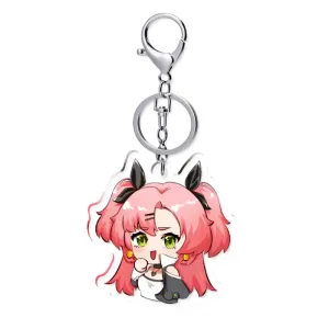 Two clear acrylic chibi keychains of Zenless Zone Zero character Nicole Demara—one solo and one hugging a green Amillion Bangboo—alongside two round green holographic tinplate badges reflecting star and prism rainbow light patterns.