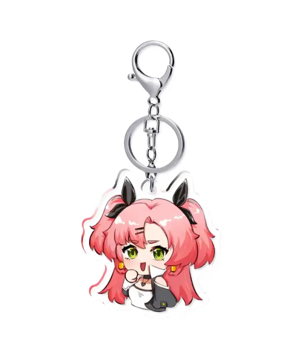 Two clear acrylic chibi keychains of Zenless Zone Zero character Nicole Demara—one solo and one hugging a green Amillion Bangboo—alongside two round green holographic tinplate badges reflecting star and prism rainbow light patterns.