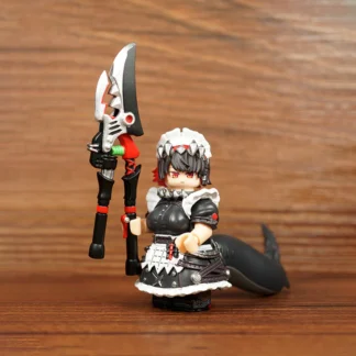 A funny block-style building brick mini figure of Zenless Zone Zero character Ellen Joe in a maid uniform holding her massive silver shears weapon with a large black shark tail attached behind.