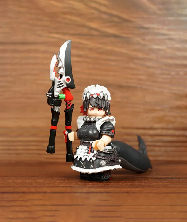 A funny block-style building brick mini figure of Zenless Zone Zero character Ellen Joe in a maid uniform holding her massive silver shears weapon with a large black shark tail attached behind.