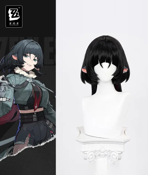 A premium heat-resistant synthetic cosplay wig for Zenless Zone Zero character Jane Doe, showcasing a slate-black layered top with a bold crimson-pink ombre underlayer on a mannequin head.