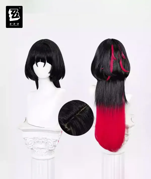 A premium heat-resistant synthetic cosplay wig for Zenless Zone Zero character Jane Doe, showcasing a slate-black layered top with a bold crimson-pink ombre underlayer on a mannequin head.