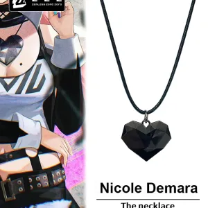A premium faceted black heart pendant necklace for Zenless Zone Zero character Nicole Demara, featuring an 11.6g geometric resin crystal on a black braided cord.