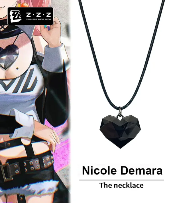 A premium faceted black heart pendant necklace for Zenless Zone Zero character Nicole Demara, featuring an 11.6g geometric resin crystal on a black braided cord.