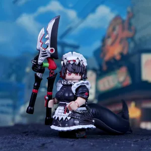 A funny block-style building brick mini figure of Zenless Zone Zero character Ellen Joe in a maid uniform holding her massive silver shears weapon with a large black shark tail attached behind.