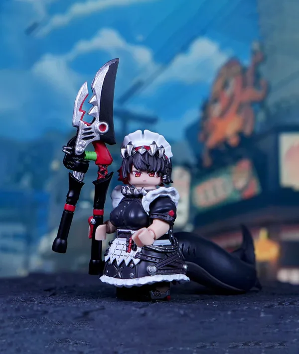 A funny block-style building brick mini figure of Zenless Zone Zero character Ellen Joe in a maid uniform holding her massive silver shears weapon with a large black shark tail attached behind.