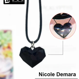 A premium faceted black heart pendant necklace for Zenless Zone Zero character Nicole Demara, featuring an 11.6g geometric resin crystal on a black braided cord.
