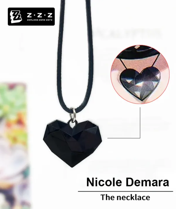 A premium faceted black heart pendant necklace for Zenless Zone Zero character Nicole Demara, featuring an 11.6g geometric resin crystal on a black braided cord.