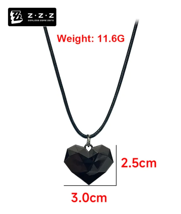 A premium faceted black heart pendant necklace for Zenless Zone Zero character Nicole Demara, featuring an 11.6g geometric resin crystal on a black braided cord.