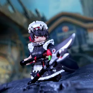 A funny block-style building brick mini figure of Zenless Zone Zero character Ellen Joe in a maid uniform holding her massive silver shears weapon with a large black shark tail attached behind.