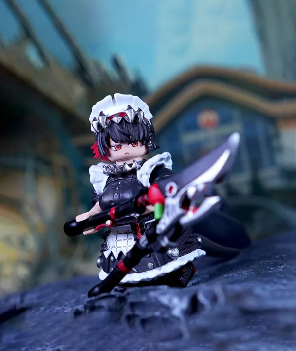 A funny block-style building brick mini figure of Zenless Zone Zero character Ellen Joe in a maid uniform holding her massive silver shears weapon with a large black shark tail attached behind.
