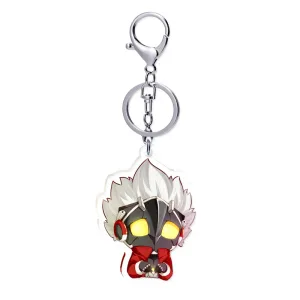Two clear acrylic chibi keychains of Zenless Zone Zero character Billy Kid—one shooting a finger gun and one in a worried pose—alongside two round red holographic tinplate badges reflecting prism and star rainbow light patterns.