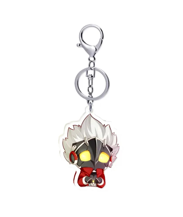 Two clear acrylic chibi keychains of Zenless Zone Zero character Billy Kid—one shooting a finger gun and one in a worried pose—alongside two round red holographic tinplate badges reflecting prism and star rainbow light patterns.