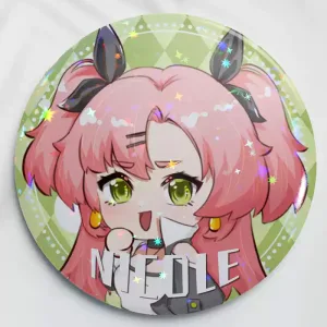 Two clear acrylic chibi keychains of Zenless Zone Zero character Nicole Demara—one solo and one hugging a green Amillion Bangboo—alongside two round green holographic tinplate badges reflecting star and prism rainbow light patterns.