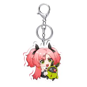 Two clear acrylic chibi keychains of Zenless Zone Zero character Nicole Demara—one solo and one hugging a green Amillion Bangboo—alongside two round green holographic tinplate badges reflecting star and prism rainbow light patterns.