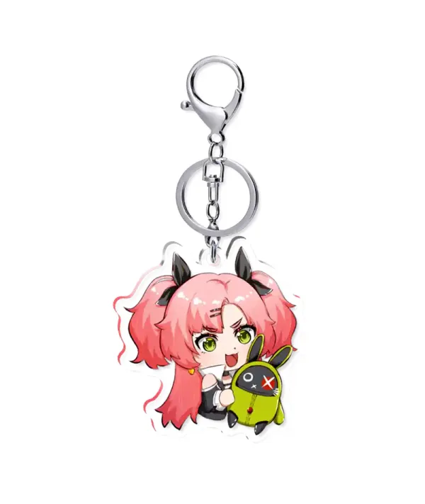 Two clear acrylic chibi keychains of Zenless Zone Zero character Nicole Demara—one solo and one hugging a green Amillion Bangboo—alongside two round green holographic tinplate badges reflecting star and prism rainbow light patterns.