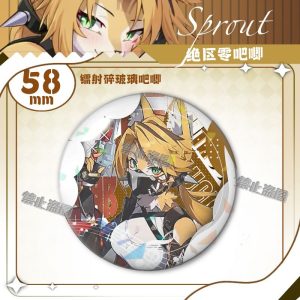 Round 58mm Zenless Zone Zero tinplate fan badge showing character Pokona with feline ears, blonde hair, and green eyes covered in a shimmering laser shattered-glass holographic film.