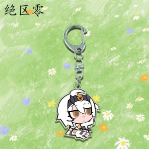 Three clear Zenless Zone Zero acrylic chibi keychains showing character Caesar looking at a tablet, character Trigger blushing with a visor, and character Pulchra smirking with cat ears.