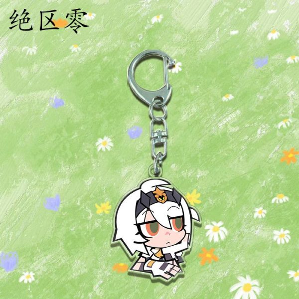 Three clear Zenless Zone Zero acrylic chibi keychains showing character Caesar looking at a tablet, character Trigger blushing with a visor, and character Pulchra smirking with cat ears.