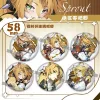 Round 58mm Zenless Zone Zero tinplate fan badge showing character Pokona with feline ears, blonde hair, and green eyes covered in a shimmering laser shattered-glass holographic film.