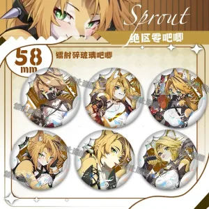 Round 58mm Zenless Zone Zero tinplate fan badge showing character Pokona with feline ears, blonde hair, and green eyes covered in a shimmering laser shattered-glass holographic film.