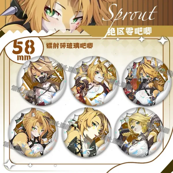 Round 58mm Zenless Zone Zero tinplate fan badge showing character Pokona with feline ears, blonde hair, and green eyes covered in a shimmering laser shattered-glass holographic film.