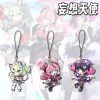 Three separate Zenless Zone Zero acrylic chibi phone charms on black strap loops featuring cute winged angel characters with green, pink, and dark purple hair.