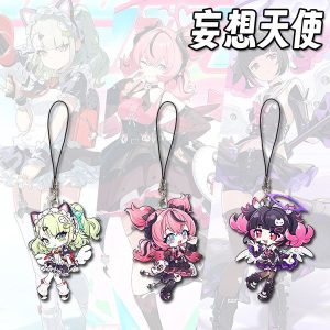 Three separate Zenless Zone Zero acrylic chibi phone charms on black strap loops featuring cute winged angel characters with green, pink, and dark purple hair.