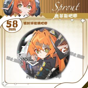 Round $58\text{mm}$ Zenless Zone Zero tinplate fan badge showing character Orpheus with orange hair, green eyes, and horns covered in a shimmering laser shattered-glass holographic film.