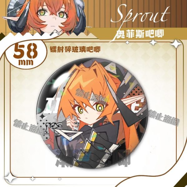 Round $58\text{mm}$ Zenless Zone Zero tinplate fan badge showing character Orpheus with orange hair, green eyes, and horns covered in a shimmering laser shattered-glass holographic film.