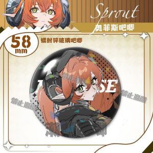 Round $58\text{mm}$ Zenless Zone Zero tinplate fan badge showing character Orpheus with orange hair, green eyes, and horns covered in a shimmering laser shattered-glass holographic film.