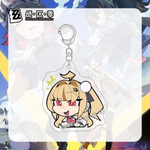 Four separate clear Zenless Zone Zero acrylic chibi keychains showing character Nanomiya Yu whistling music and sorting coins, and character Cephora looking panicked and smirking.