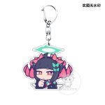 Several separate clear Zenless Zone Zero acrylic chibi keychains showing characters Irene and Nanomiya Yu pulling funny emoji expressions like pouting, crying from a chili pepper, and holding a microphone.